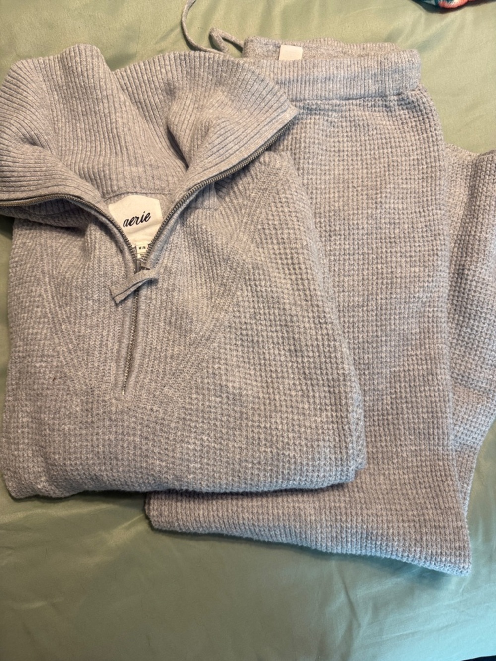 aerie Light Gray Waffle Quarter-Zip Sweater and matching wide legs pants